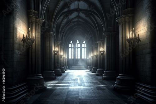 Dark hallway with Gothic architecture. Generative AI