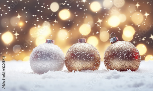 Christmas baubles balls on snow outdoors