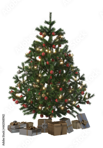 3d rendering of decorated faux green christmas tree with gifts under, xmas tree isolated on transparent background