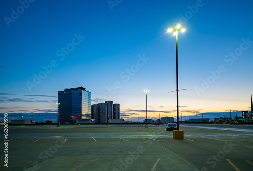 Rooftop parking lot at Huntington Place, formerly Cobo hall, the main convention center in downtown Detroit at sunset on a clear day in Detroit, Michigan. photo