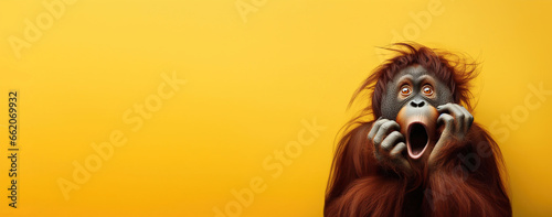 Orangutan looking surprised, reacting amazed, impressed, standing over yellow background