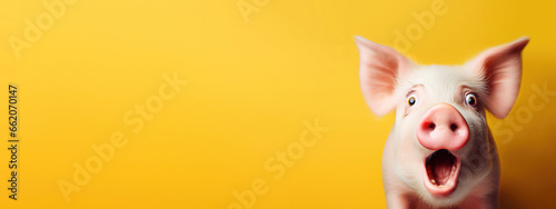 pig looking surprised, reacting amazed, impressed, standing over yellow background photo