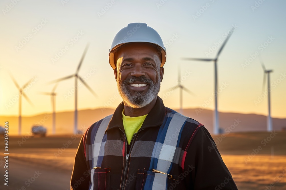 african american man standing in front of a field with wind turbines generators; black senior engineer smiling working with renewable technology, energy and electricity solving environmental issues african american man standing in front of a field with wind turbines generators; black senior engineer smiling working with renewable technology, energy and electricity solving environmental issues
