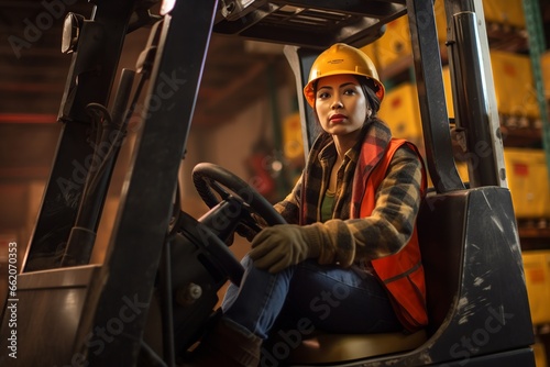 Hispanic woman driving a forklift in a warehouse or industrial factory; latin female lift truck driver working on transportation and shipping using safety equipment handling heavy machinery