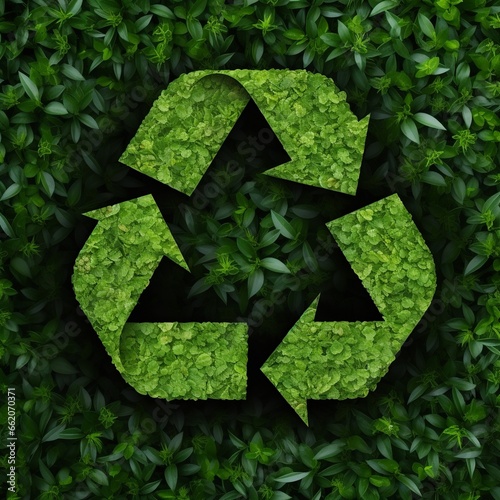 recycling icon sign symbol made with leaves on a green leaf background