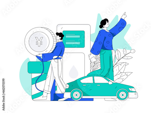Vector internet operation hand-drawn illustration of people getting discounts for refueling the car 