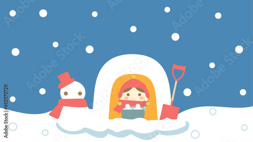 カマクラと雪ダルマの冬をイメージしたイラスト　アスペクト比16：9バージョン