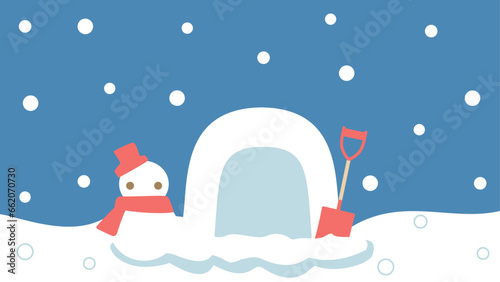 カマクラと雪ダルマの冬をイメージしたイラスト　アスペクト比16：9バージョン