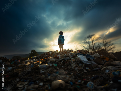 ゴミの山の上で佇む少年