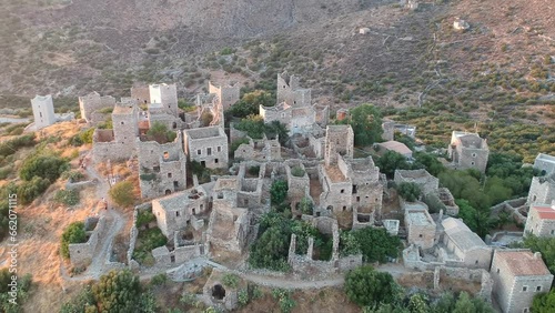 Aerial view of Vathia village against a Dramatic sunset sky. Vathia, Mani, Laconia, Peloponnese, Greece