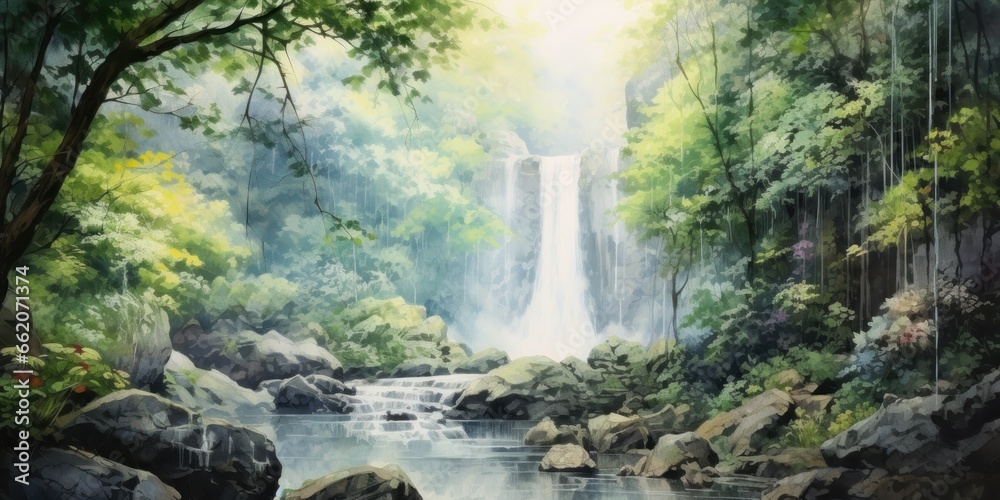 watercolor painting of waterfall, generative AI watercolor painting of waterfall, generative AI