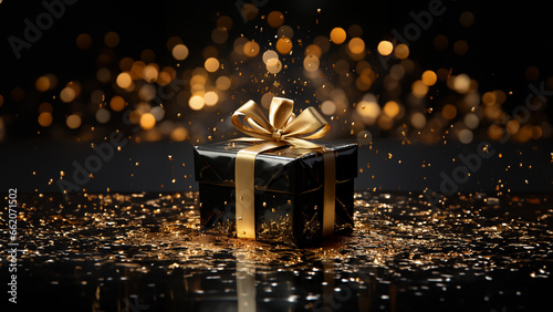 Wunderschöne gold schwarze Geschenke Box mit Lichter Bokeh im brillianten Glanzeffekt Querformat für Banner, ai generativ