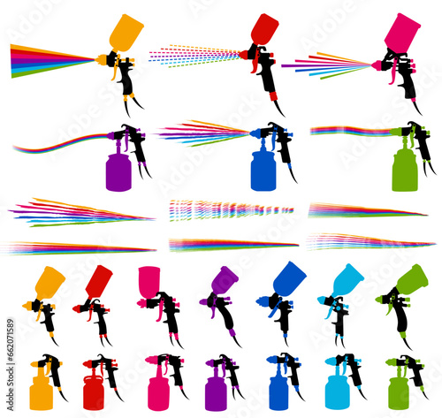 set rainbow spray gun painting icon. airbrush car sprayer vector design illustration