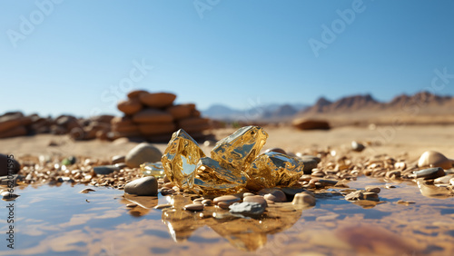 Gold Nuggets in steinigen Gewässer mit schöner Landschaft im Hintergrund Querformat für Banner, ai generativ photo