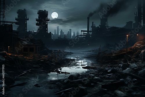 A grim industrial factory surrounded by polluted surroundings. Generative AI