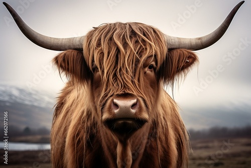 brown highland cow with horns. Generative AI photo