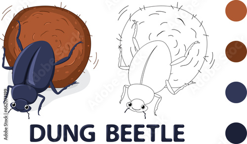 Cute Dung beetle cartoon Coloring Book, hand drawn simple lines