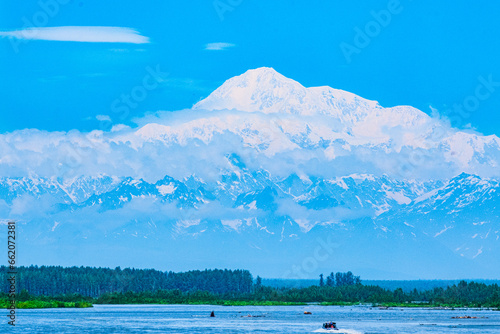 Sustina River with Mount Denali in background near Talkeetna Alaska photo