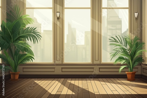 Empty room with plant. Room interior illustration. Generative AI