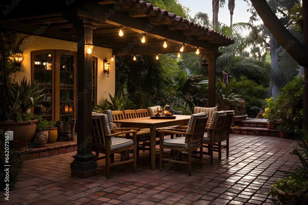 An outdoor patio with earthy terracotta tiles, wooden furniture, and lush greenery. Soft string lights create a relaxing atmosphere.