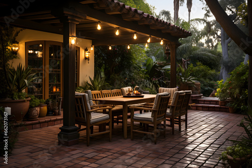 An outdoor patio with earthy terracotta tiles  wooden furniture  and lush greenery. Soft string lights create a relaxing atmosphere.