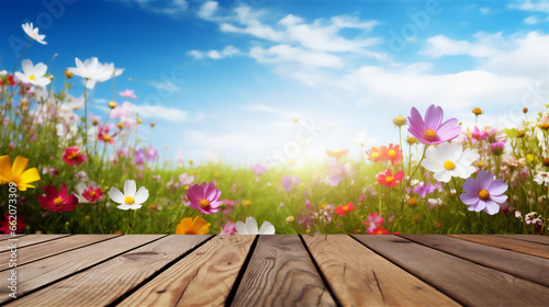 wooden background with flowers as a spring theme