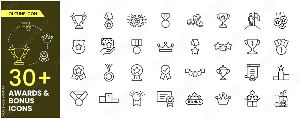 Awards and Bonus Outline Icons collections. Vector illustration in thin line style of icons, such as: Cups, Awards, Medals, Diplomas, Champion, Number One, Stars, Winner, Ribbon. Icons collection.