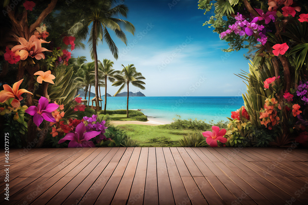 outdoor plank wood floor in tropical beach scene, giant trees, grass and colorful flower, twig framing, outdoor plank wood floor in tropical beach scene, giant trees, grass and colorful flower, twig framing,