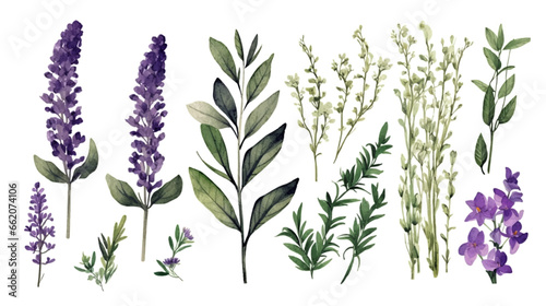 Set of collection purple sprigs lavender flowers watercolor isolated on white background. Lavender Leaves set of design Vector illustration.