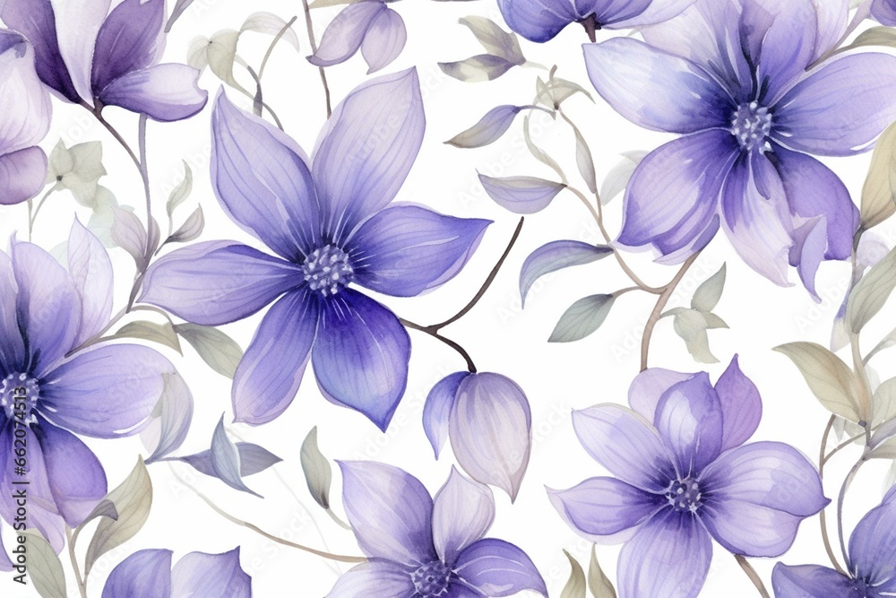 Floral artwork with a seamless pattern, hand-painted in watercolor style on a white background. Generative AI