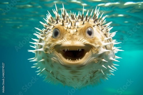 Smiling porcupine fish gazes at underwater camera. Generative AI