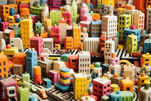 Cityscape comprised of geometric shapes in a toy construction background. Generative AI photo