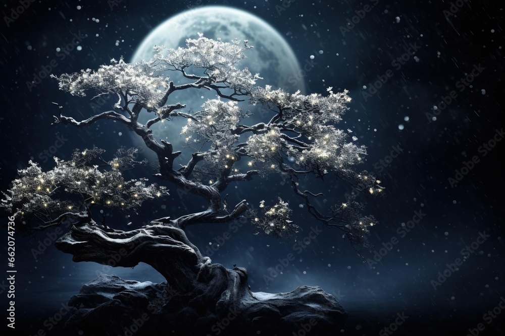 Snowflakes caught on the delicate branches of a bonsai tree against a moonlit sky Snowflakes caught on the delicate branches of a bonsai tree against a moonlit sky