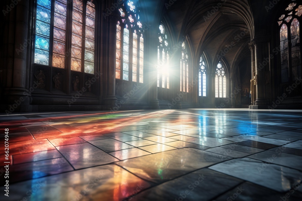 Sunlight filtering through stained glass onto a stone cathedral floor