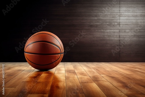 Basketball lying on wooden floor. Generative AI © Raven