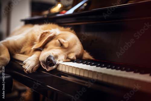 Close-up view at Golden retriever's face white fluffy dog sleep on the piano's keyboard.

 photo