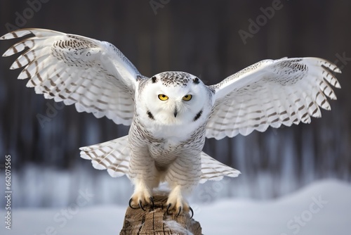 Snowy owl taking off from a snow-covered log, wings fully extended