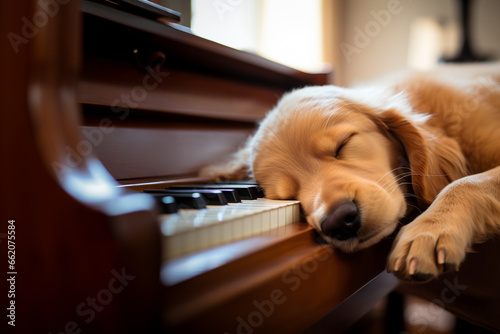 Close-up view at Golden retriever's face white fluffy dog sleep on the piano's keyboard.

 photo