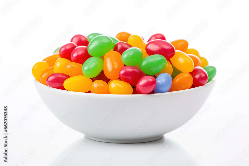 Bowl of colorful jellybeans isolated on a white background, assorted flavors and vibrant hues, a fun and tasty treat for parties or snacking Bowl of colorful jellybeans isolated on a white background, assorted flavors and vibrant hues, a fun and tasty treat for parties or snacking