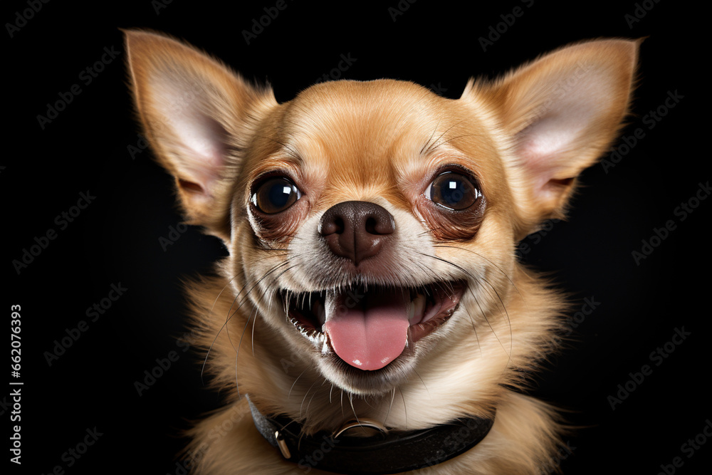 Candid portrait of a smiling, happy, joyful chihuahua dog isolated on a black background	
