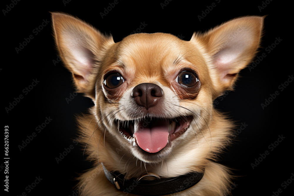 Candid portrait of a smiling, happy, joyful chihuahua dog isolated on a black background Candid portrait of a smiling, happy, joyful chihuahua dog isolated on a black background