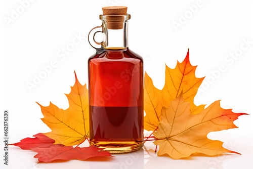 Bottle of golden Canadian maple syrup with red maple leaves scattered isolated on a white background