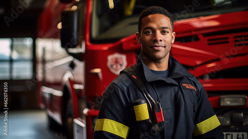 Candid portrait of a confident firefighter in uniform standing in front of a fire engine with a stoic expression