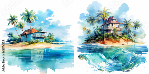 tropic paradise dream palm watercolor romantic relax marine rest resort exotic Caribbean sand sea