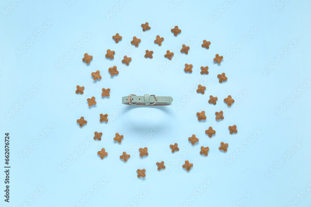 Composition with pet collar and dry food on color background Composition with pet collar and dry food on color background