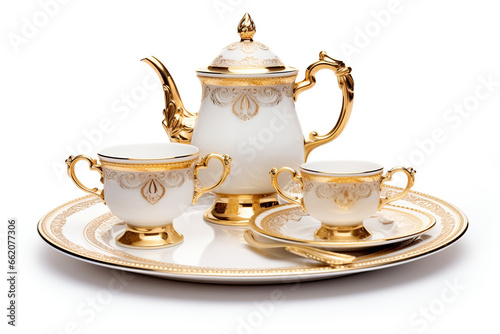 Elegant ornate china set with intricate patterns, delicate gold accents, and exquisite craftsmanship, ideal for special occasions, isolated on a white background