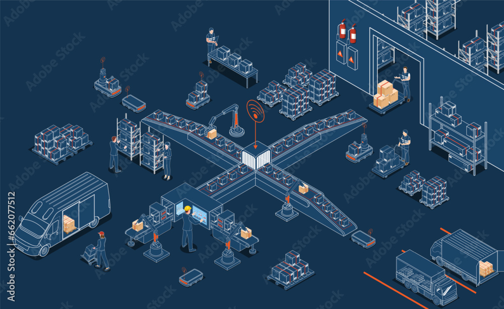 Logistics Warehouse Work Process Concept with Transportation operation service, Industrial Internet of Things and Autonomous Robot. Vector illustration EPS 10 - obrazy, fototapety, plakaty 