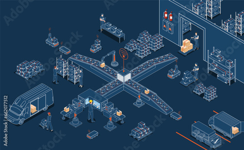 Logistics Warehouse Work Process Concept with Transportation operation service, Industrial Internet of Things and Autonomous Robot. Vector illustration EPS 10