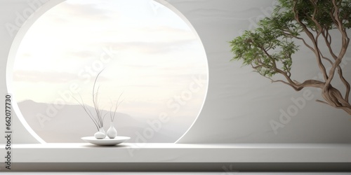 a living room with a plant on a shelf, generative AI