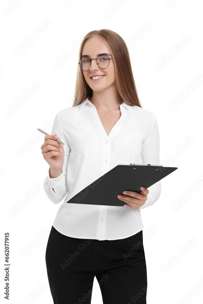 Happy young secretary with clipboard and pen on white background Happy young secretary with clipboard and pen on white background